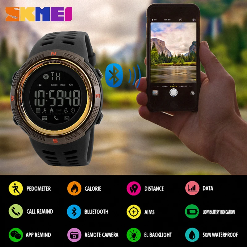 SKMEI новые мужские умные спортивные часы Bluetooth калорий шагомер модные часы мужские водонепроницаемые цифровые часы наручные часы 1250