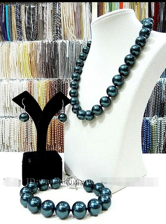 

Women's Wedding >>14mm South Sea Black Shell Pearl Necklace bracelet Earrings Set AAA real silver-jewelry silver-jewelry