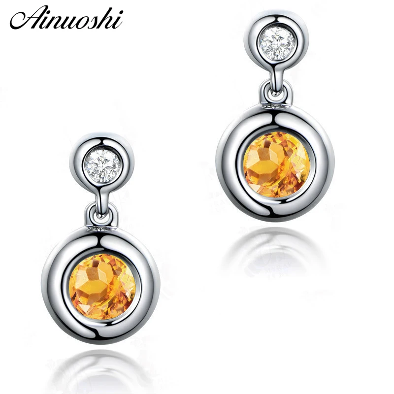 

AINUOSHI Natural Citrine Drop Earring Push back 1ct Round Cut Gems Engagement Party Women Jewelry Pure 925 Silver Drop Earring