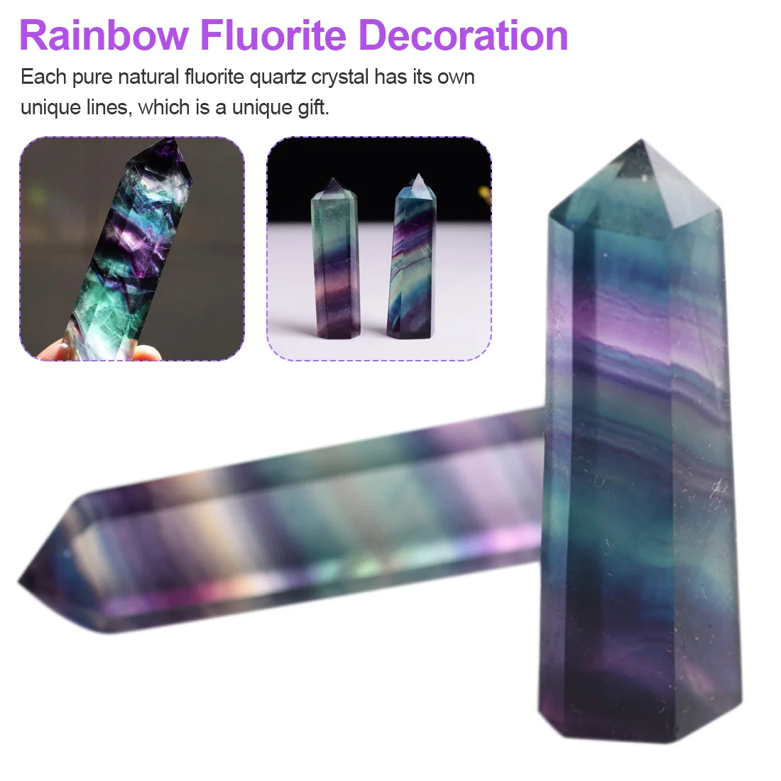 

Hexagonal Point Faceted Prism Wand For Healing Rainbow Crystal Natural Fluorite Home Decor Striped Quartz Crystal