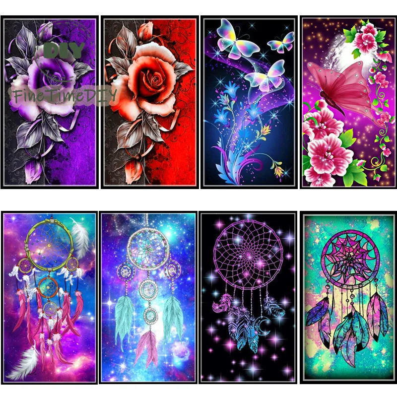 FineTime 5D flower butterfly rose resin diy diamond painting mosaic beaded gift making tool bellbell pattern | Дом и сад