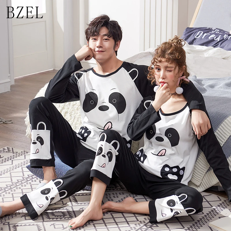 Bzel Paare Pyjamas Set Langarm Nachtwäsche Cartoon Panda Liebhaber Kleidung Langarm Pyjamas Rundhals Schlaf Lounge Großen Hof Unterwäsche & Schlafanzug