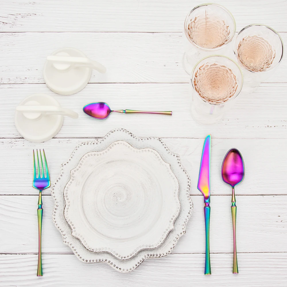 

New rainbow color Cutlery Set Luxury Dinnerware 1 pieces Frosted Polishing Tableware 304 Stainless Steel Dinner Knife &amp Fork