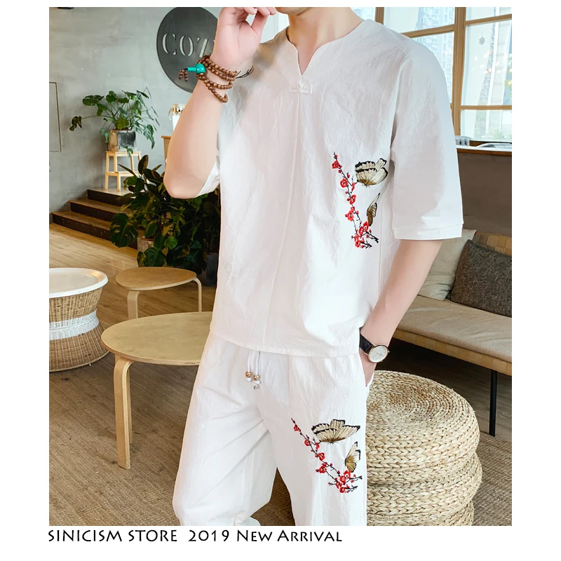 Sinicism Store спортивный костюм для мужчин мужские летние хлопковые льняные спортивные костюмы с вышивкой мужские уличные китайские винтажные комплекты из 2 предметов