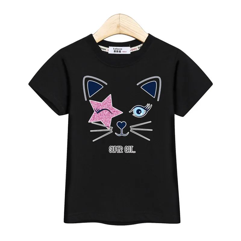 Милая детская футболка Топы для маленьких девочек, новые летние футболки с короткими рукавами, хлопковые костюмы рубашка с котенком для маленьких девочек модная детская футболка - Цвет: Black