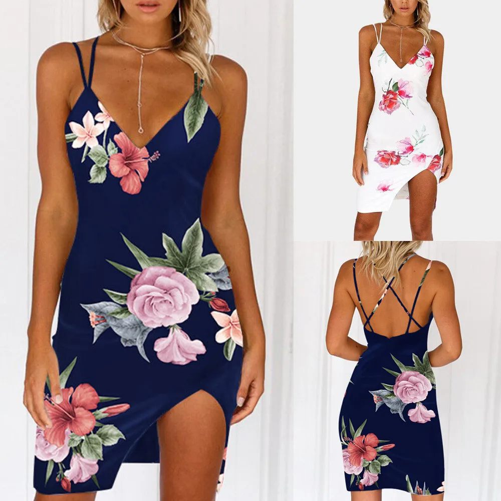 

Women's sleeveless printed dress 2019 ladies fashion casual V-neck tight dress floral dress dress vestido mujer verano