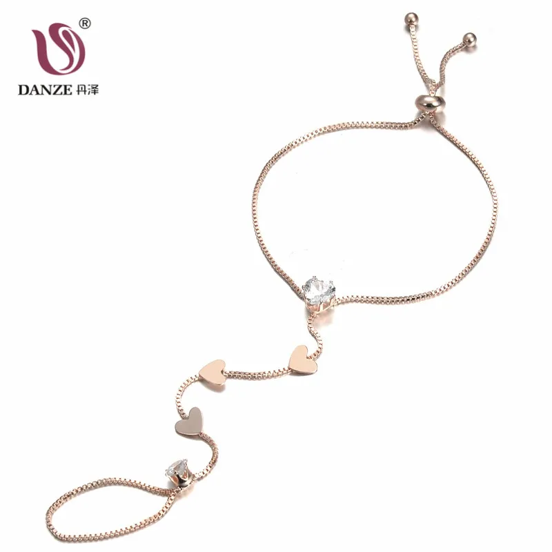 

DANZE Heart Hand Harness Slave Charm Bracelet & Ring for Women Crystal Butterfly Chain Link Finger Rings Wedding Jewelry Set