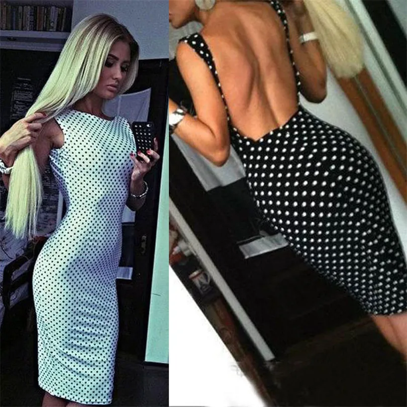 Women Summer  New Fashion O-Neck Polka Dot Dress body shapper Sexy Wedding  Sleeveless slim  Halter Pencil Dress#4M08 (9)