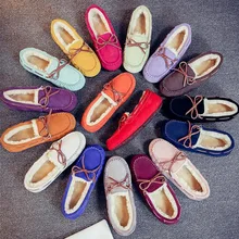 shoes woman genuine cow leather Fur moccasins Boat Loafer Flats Warm oxford shoes for Women Creepers with bow zapatos mujer