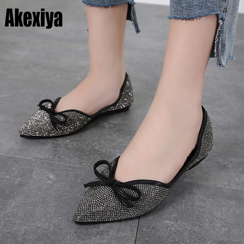 

2019 new rhinestone bow women's shoes Korean fashion flat single shoes wild casual comfortable work shoes f083