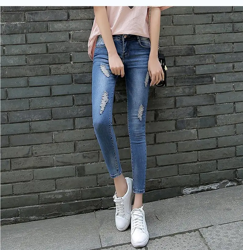 

Free Shipping Women Summer Ankle Length Jeans Stretch Sexy Ripped Denim Pencil Panst Female Skinny Washed Cowboy Trousers K195