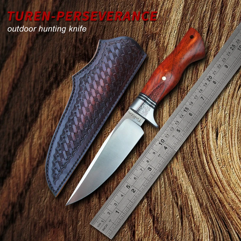 TUREN-ручная работа охотничий нож 440C стальной нож с фиксированным лезвием с кожаной оболочкой деревянная ручка инструменты для выживания на открытом воздухе