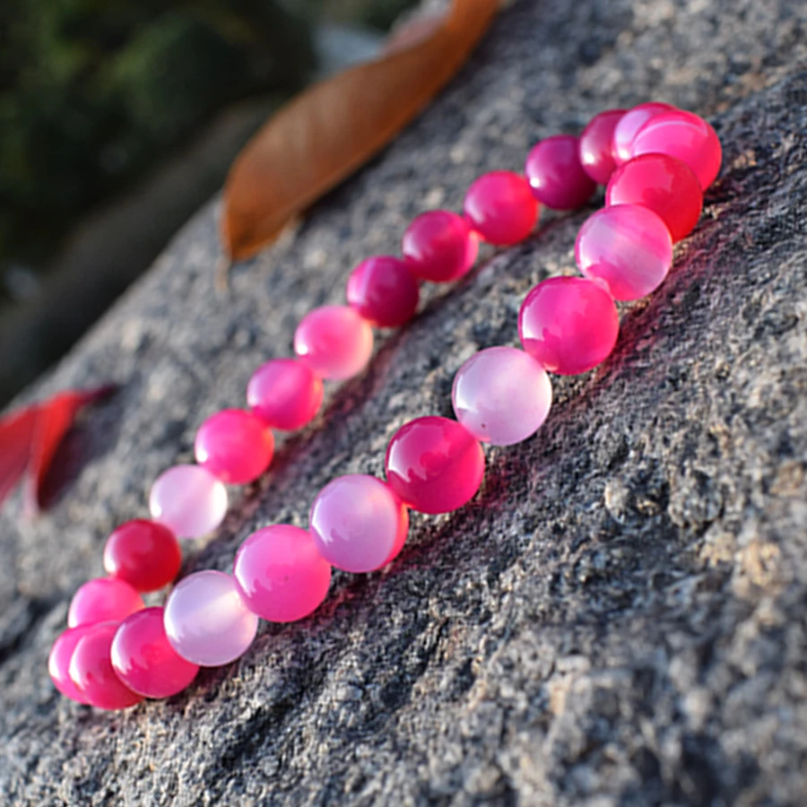 

Pink Rose Striped Agates Bracelet Women Men 8mm Round Loose Beads Handmade Charm Couple Bracelet Friendship Pulsera