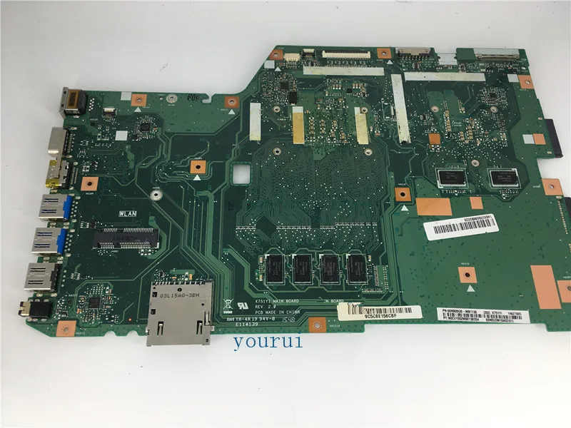  yourui For ASUS X751YI Laptop motherboard with N3700 CPU + 4GB RAM Mainboard With 2GB graphic card 
