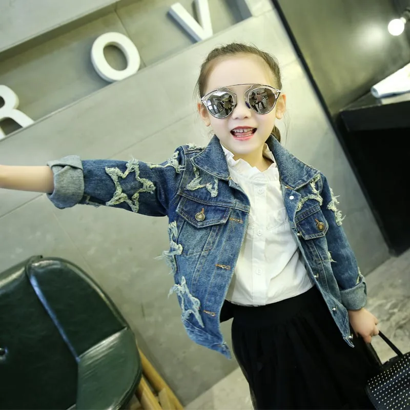 Skup Dżinsowa kurtka dla dziewczyn 2019 nowa wiosna błyszczące cekiny pięcioramienna gwiazda myte modny płaszcz dzieci jesień długi rękaw odzież codzienna
