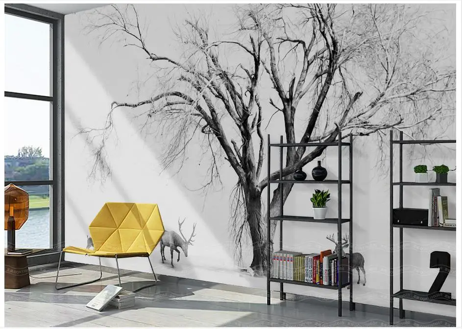 

Custom photo wallpaper 3d mural Landscape Black and white style elk simple Nordic abstract tree background wall paper home decor