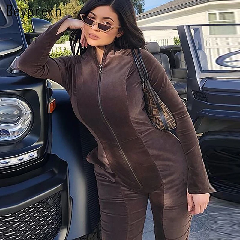 Beyprern Kylie стиль шоколадная мечта бархатный комбинезон Новая мода макет шеи передняя молния узкие ноги Кайли Дженнер велюровые комбинезоны