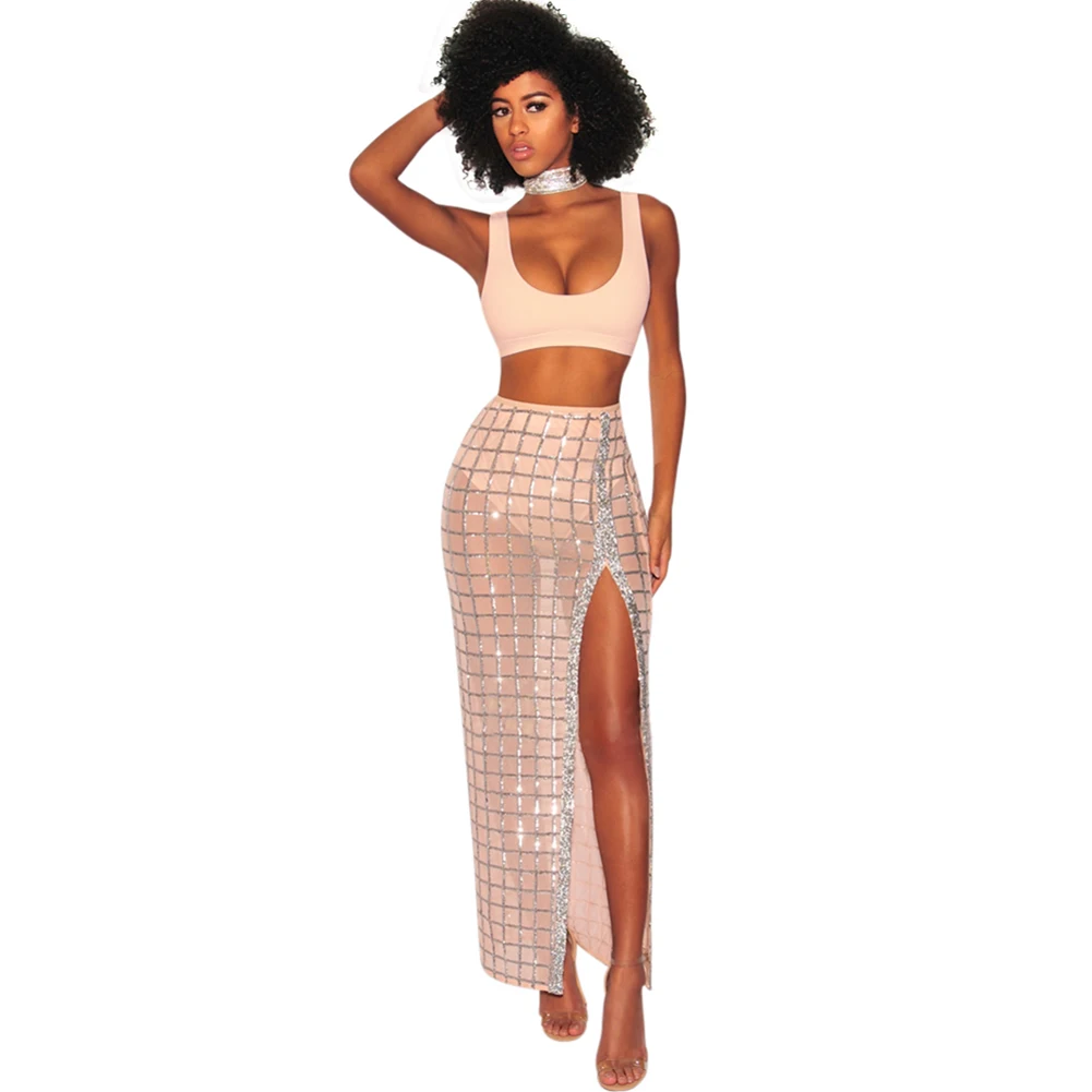 

Sexy Women Two Piece Clothes Sets Crop Tank Top Sheer Mesh Sequin Plaid Split Skirt High Waist Vest Skirt Suit Party club Outfit