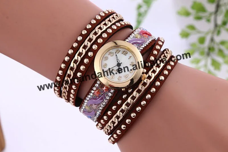 Оптовый корейский кристалл заклепки браслет часы кожа длинный широкий шарф вокруг наручные часы модное женское платье часы
