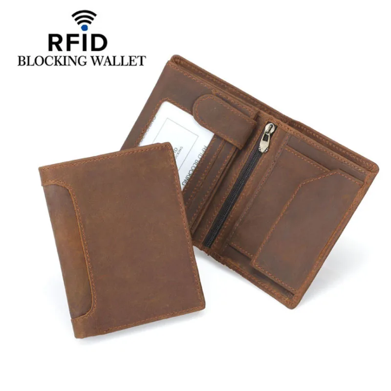 BROWN Мужской кошелек с блокировкой RFID, натуральная коровья кожа, зажим для денег, Ретро стиль, Crazy Horse, кожаные кошельки, короткий тройной клатч для мужчин, FM102 - Цвет: BROWN