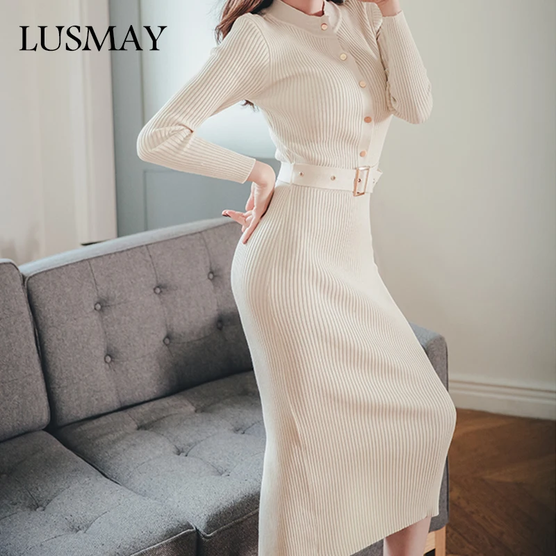 

Knitted Midi Dress Women 2018 Fashion Winter Long Sleeve Bodycon Dress With Belt Streetwear Button Collar Sweater Dress Apricot