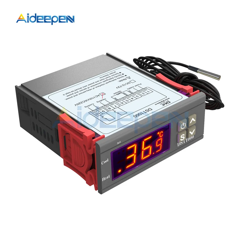 

AC 220V DC 12V 24V 10A DST1000 LED Digital Temperature Controller Thermostat Thermometer DS18B20 Sensor With Waterproof Probe