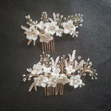 SLBRIDAL ручной работы кристалл Стразы пресноводный жемчуг керамический цветок свадебный гребень для волос Свадебные аксессуары для волос женские ювелирные изделия