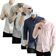 Мужские рубашки хлопок мода три четверти рукав Повседневная рубашка Топы с пуговицами на кармане Новое Брендовое платье мужские блузки рубашка