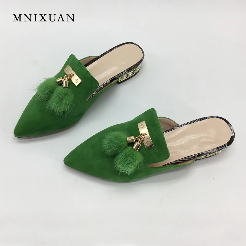 preço MNIXUAN mulas planas sapatos dedo apontado de couro genuíno das Mulheres senhora chinelos 2018 nova primavera verão pele de pérolas sandálias tamanho grande 10