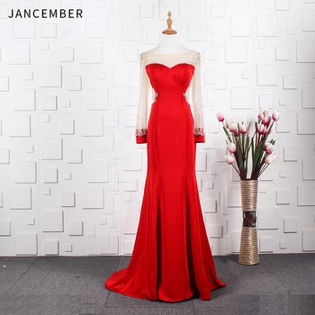 

JANCEMBER prom dresses Beading Sequined Tassel O-Neck Illusion Court Train Full Sleeve Floor-Length Mermaid платье на выпускной