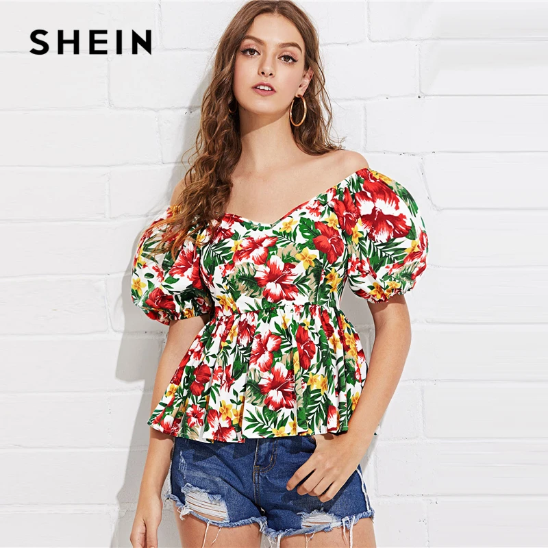 Buy SHEIN Puff Sleeve Tropical Peplum Top Multicolor