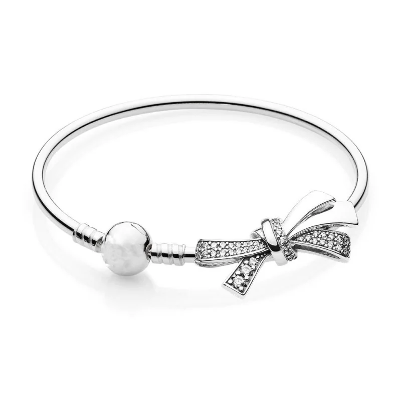 

2018 New Spring New Real 925 Sterling Silver Brilliant Bow Bangle Gift Sst For women panqiou Charm Bracelet DIY Jewellery