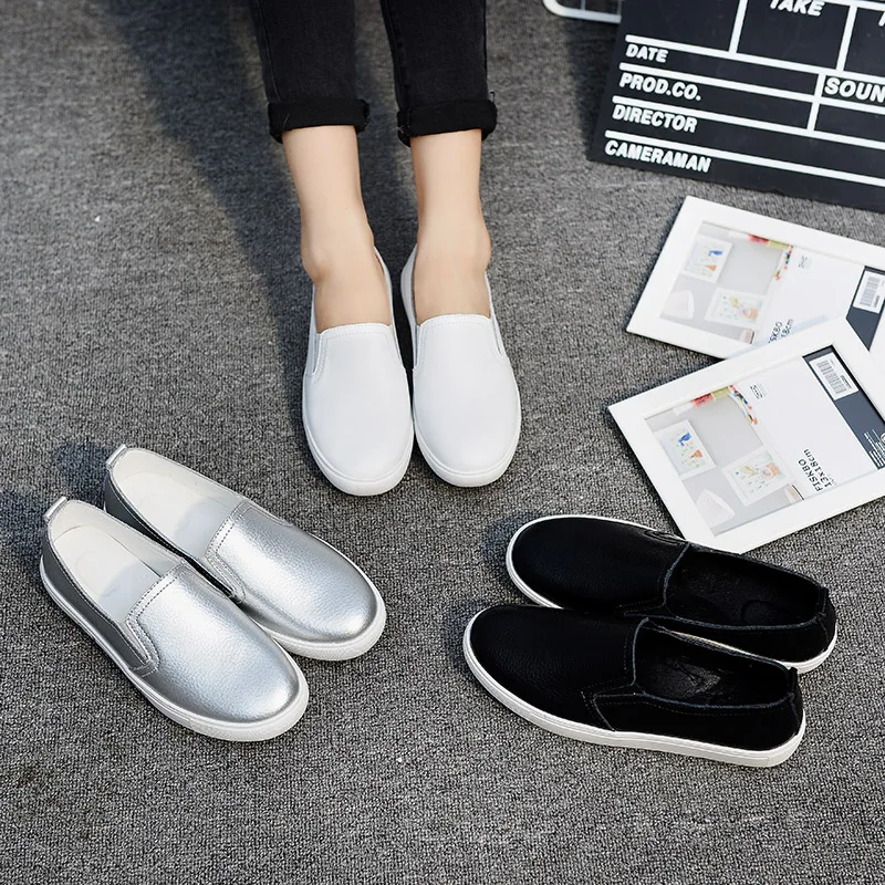 

2018 Spring White Shoes Women Casual Shoes Loafers Solid Color Black Sliver Slip-On Flats Women Students Leather Shoes Back