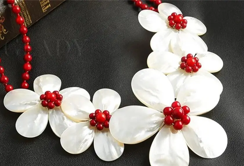 

Wedding Woman Jewelry Hot Red Coral Pearl Choker Necklace Double Chain Exaggerate Handmade Pretty Flower Free Shipping