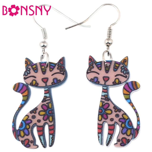 Bonsny Acrylic Cartoon Floral Smile Cat Kitten Earrings Big Long Fashion Animal Jewelry For Women Girls Teens Trendy Accessories