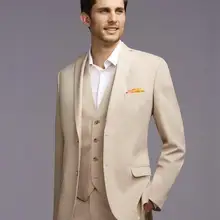 Две кнопки Бежевый лацкан с тупым углом Мода Terno Masculino 3 шт.(куртка+ брюки+ жилет+ галстук) формальный костюм высокого качества, сделанный Slim Fit