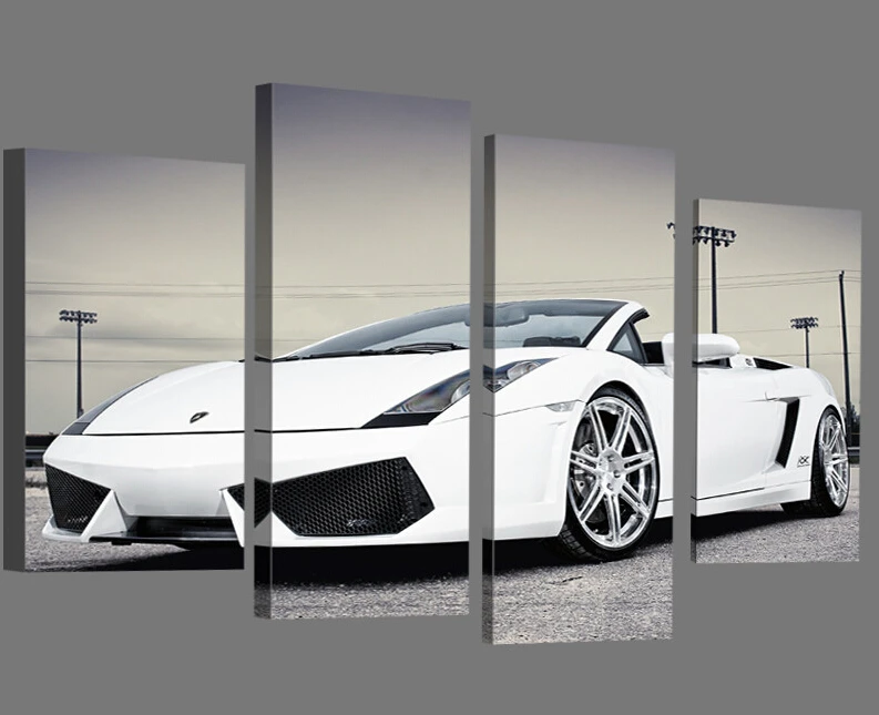 4 Pcs White Sports Car Wall Art painting Home Decoration Living Room