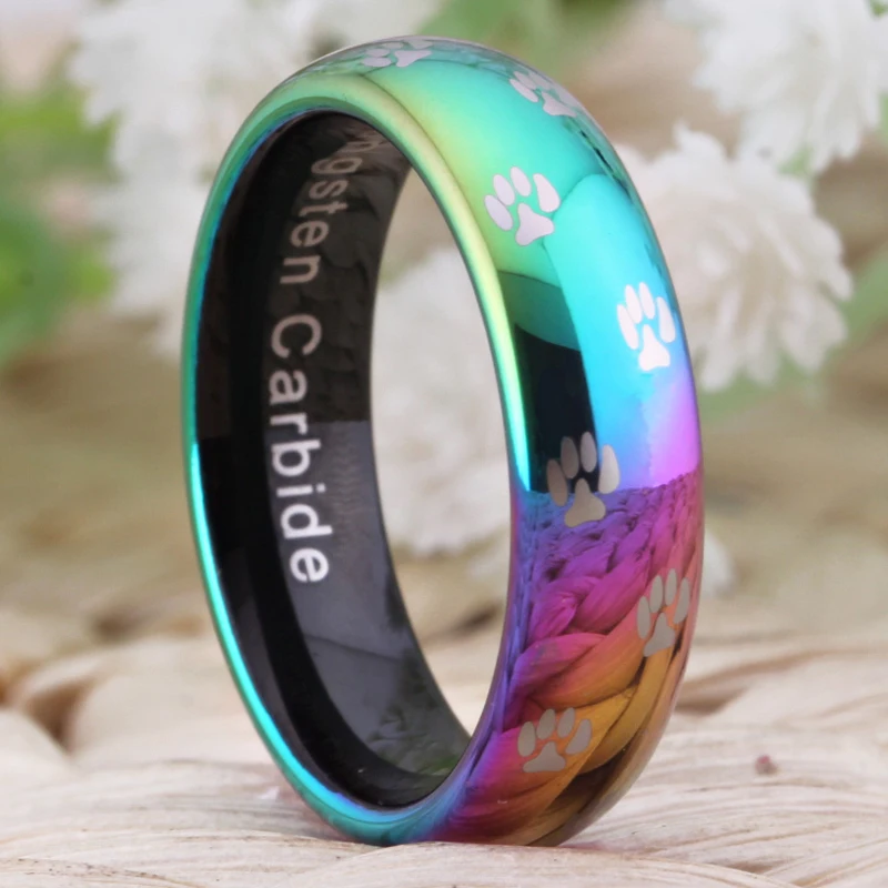Women's Wedding Band Engagement Ring 6mm Cute Dog Cat Paw Rings Pure Tungsten Rainbow Animal Ring Anniversary Gift Party Ring