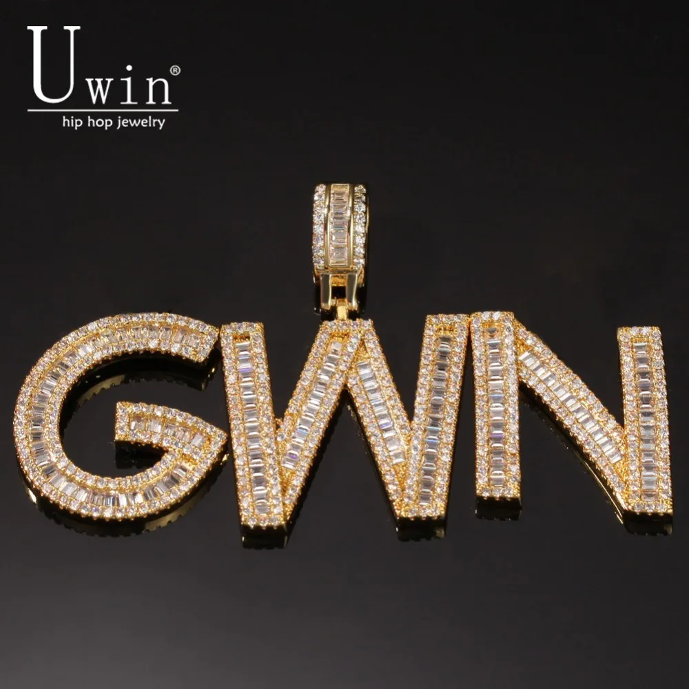 

Uwin Cutsom Baguette Letters Name Necklace & Pendant Bling Bling Full Iced Out Luxury Zirconia Tennis Chain HipHop Jewelry