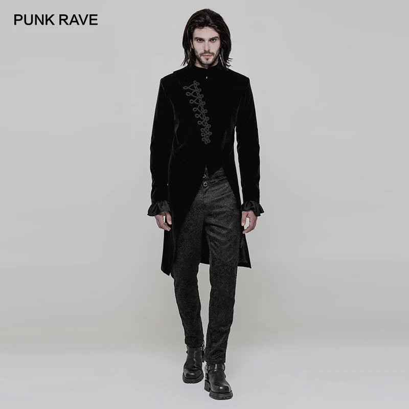 

PUNK RAVE Men's Gothic Simple Asymmetry Three-quarter Black Coat Punk Handsome Party Fashion Club Men Mid-long Trench Dress