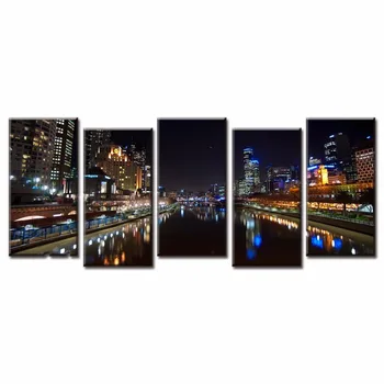 

5 Pcs/Set Modern Landscape Night View of City Canvas Printed Painting Modern Light of City with River Wall Art Home Decor