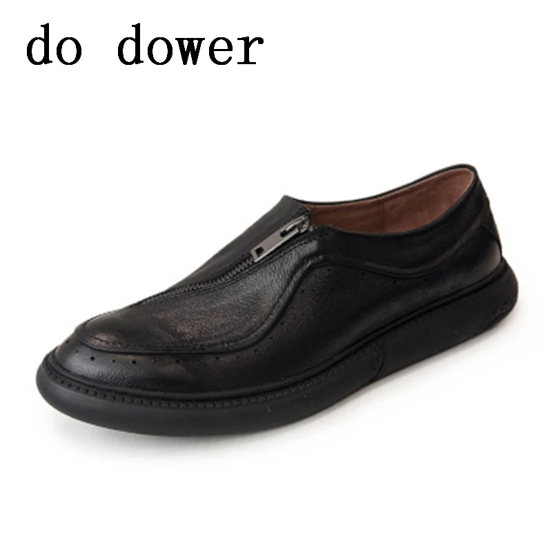 

2018 New Men Genuine Leather Shoes Luxury Trainers Summer Male Adult Shoes Casual Flats Slip-On Dress Ratro Old Black Zip Shoes