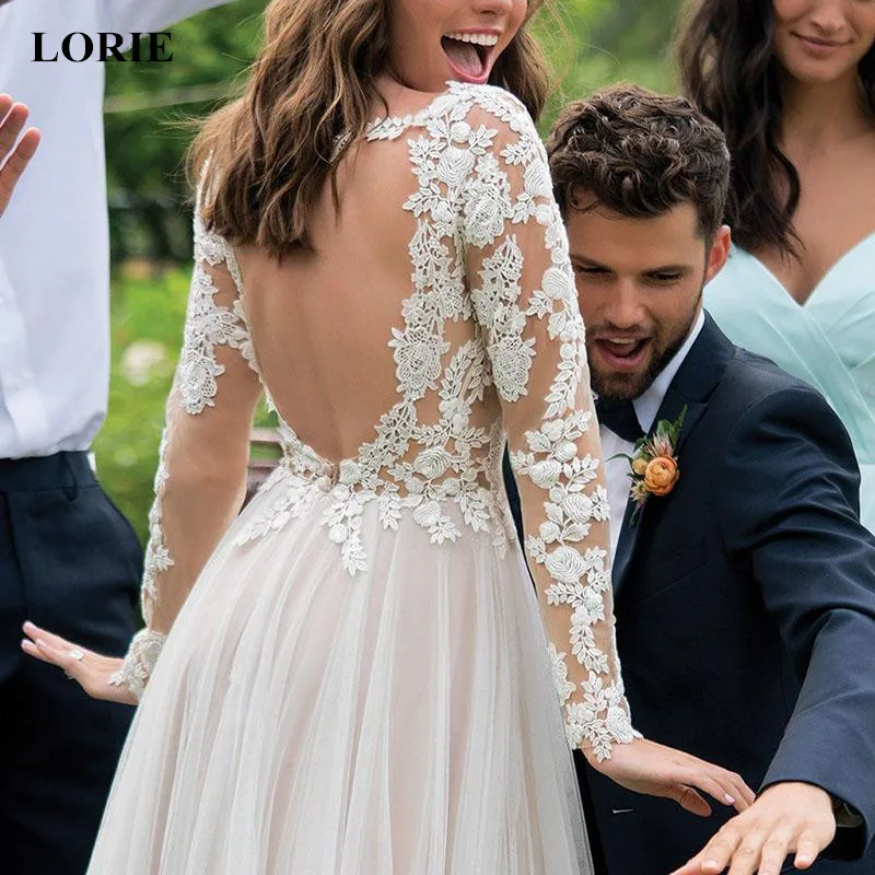 

LORIE Wedding Dress 2019 A-line Sexy Open Back Bridal Dress Long Sleeve Lace With Appliques and Tulle Wedding Dress Custom made