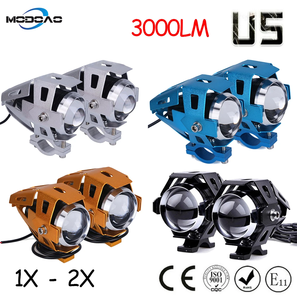 Modoao 1pcs 2pcs 125W Motorcycle LED Headlight 12V 3000LMW U5 Motorbike Driving Spotlights Headlamp Moto Spot