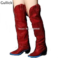 Новые роскошные красные кристаллы, украшенные женские сапоги до колена привлекательные красные сапоги без застежки с глубоким v-образным вырезом обувь с острым носком на каблуке синего цвета