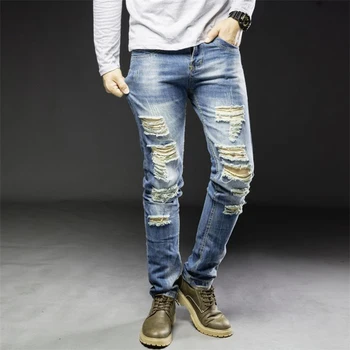 

Men Jeans Solid Color Holes Straight Slim Fit Long Trousers Casual Pants NFE99