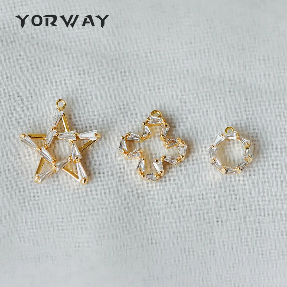 

4pcs/lot CZ Paved Gold Charm Pendants, Star Cross Circle, Real Gold plated Brass, Tarnish Resistant (GB-342)