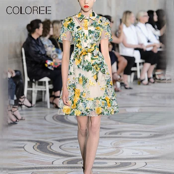 

COLOREE High End Runway Designer Dress 2019 Summer Yellow/Purple Printed Patchwork Mesh Turn-down Collar Single-breasted Dress
