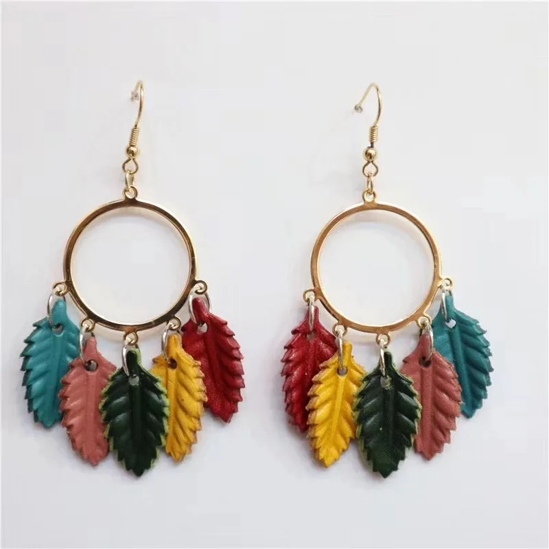 

ZWPON 2018 Genuine Leather Mini Leaf Chandelier Earrings for Women Fashion Leaf Tassel Earrings Jewelry wholesale