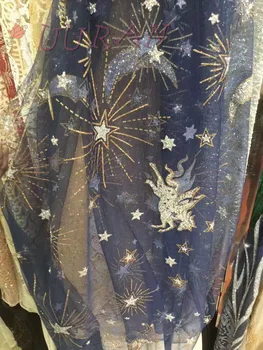 

Elastic glitter Net French Lace Tulle Fabric Embroidered indian fabric with glued glitter for evening dress in gold